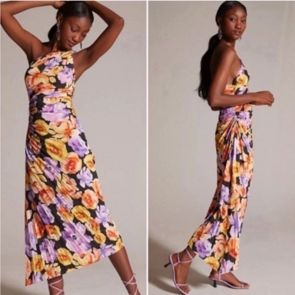 asymmetrical floral midi dress anthropologie MAYNE STUDIOS - BAMBOO JERSEY RUCHED DRESS | BLUE